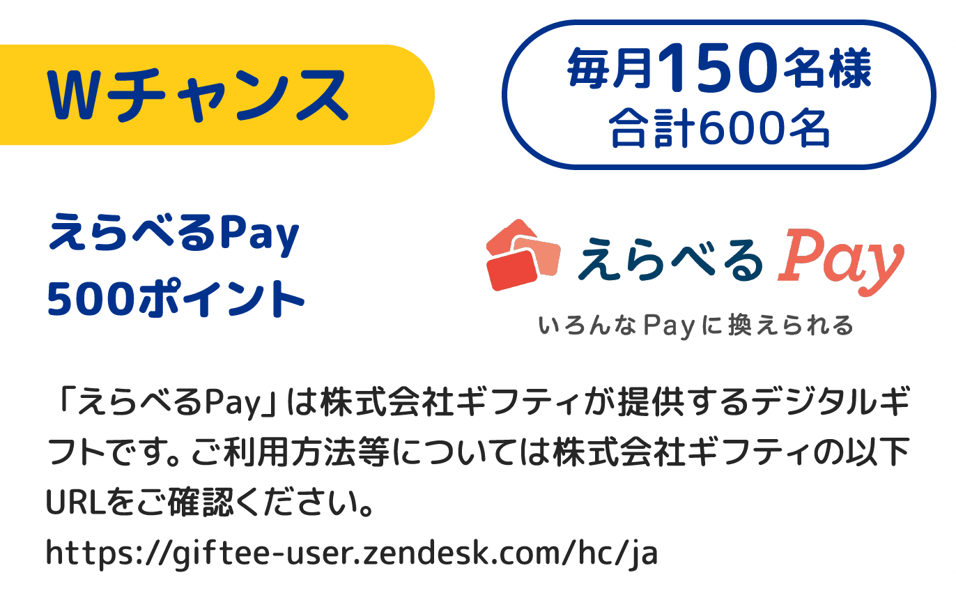 Wチャンス えらべるPay500ポイント 毎月150名様 合計600名